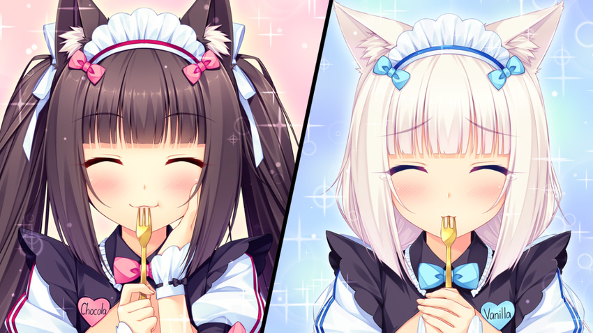 2girls animal aqua_eyes brown_eyes brown_hair cat_smile catgirl chocola_(sayori) headdress long_hair maid nekopara orange_eyes vanilla_(sayori) white_hair