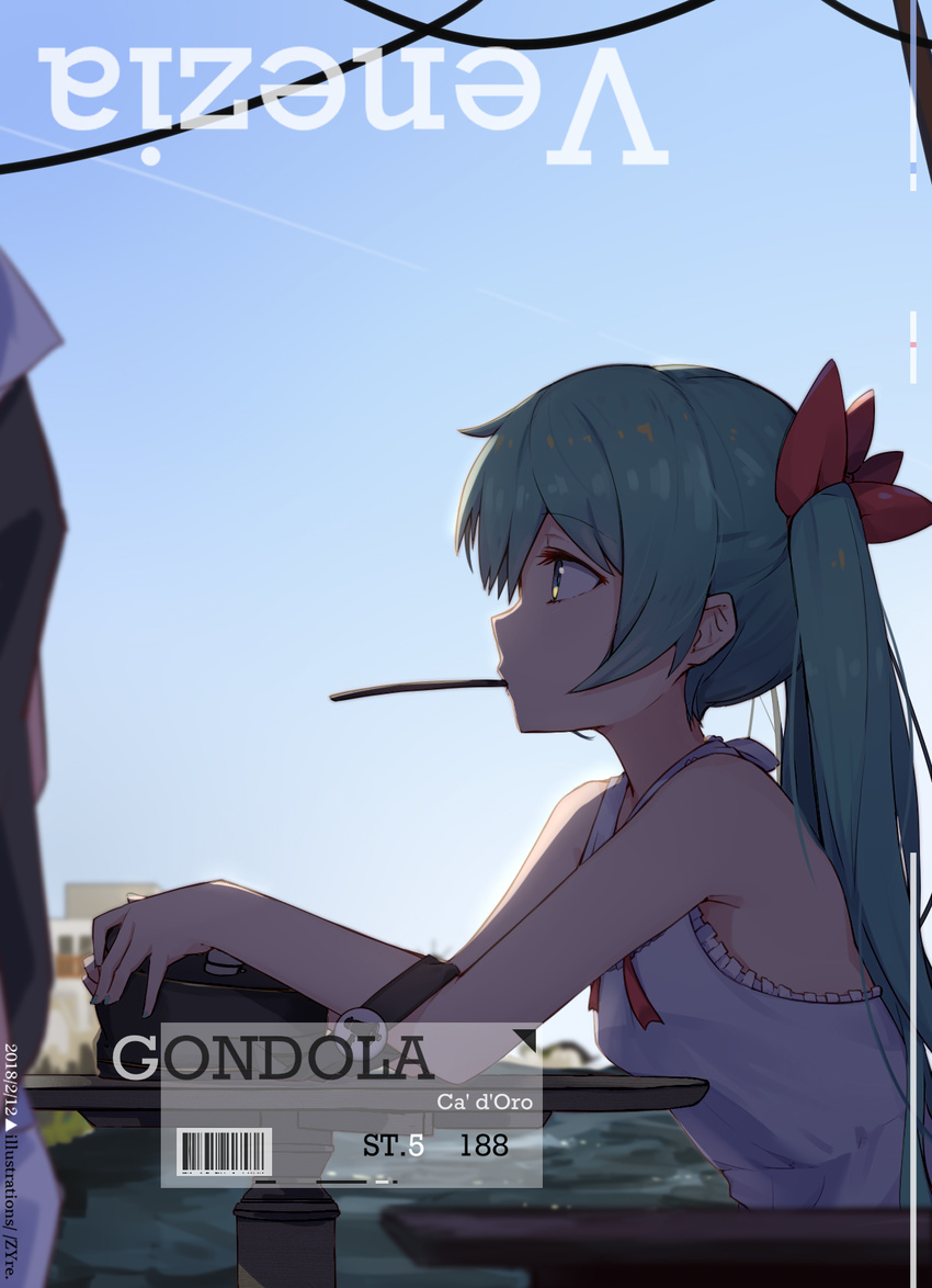 aqua_hair artist_name bag bangs barcode bare_arms bare_shoulders blue_sky blurry blurry_background dated day depth_of_field eyebrows_visible_through_hair frilled_shirt frills from_side green_eyes hair_ribbon hatsune_miku highres italian leaning_forward long_hair mouth_hold outdoors profile red_ribbon ribbon shirt sky sleeveless sleeveless_shirt solo table tareme twintails upper_body vocaloid water white_shirt zhayin-san