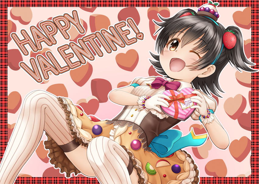 ;d akagi_miria bangs bead_bracelet beads black_hair blush box bracelet brown_eyes commentary_request dark_skin eyebrows_visible_through_hair food_themed_clothes food_themed_hair_ornament gift gift_box gloves hair_between_eyes hair_ornament happy_valentine heart-shaped_box holding holding_gift idolmaster idolmaster_cinderella_girls jewelry one_eye_closed open_mouth puffy_short_sleeves puffy_sleeves regular_mow ribbed_legwear shirt short_sleeves smile solo strawberry_hair_ornament thighhighs two_side_up valentine white_gloves white_legwear white_shirt