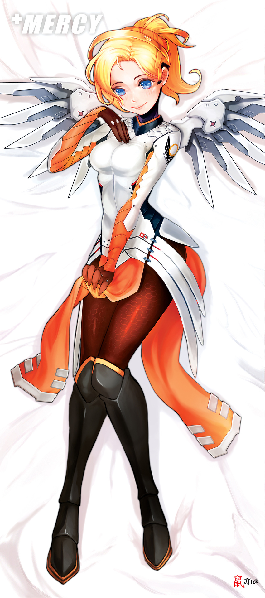 absurdres artist_name bed_sheet blonde_hair blue_eyes bodysuit breasts brown_legwear character_name dakimakura emblem faulds full_body greaves hair_tie hand_on_own_chest high_ponytail highres jjickjjicke knees_together_feet_apart looking_at_viewer lying mechanical_halo mechanical_wings medium_breasts mercy_(overwatch) on_back overwatch pantyhose patch pelvic_curtain pelvic_curtain_lift short_hair signature smile solo swiss_flag white_background wings