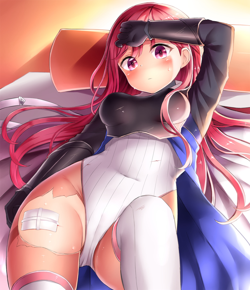 arm_up bandages blush bodysuit commentary_request covered_navel highres jacket leg_up long_hair long_sleeves lying neit_ni_sei on_back on_bed original pantyhose pillow pink_eyes pink_hair solo sweatdrop thighhighs torn_clothes torn_legwear