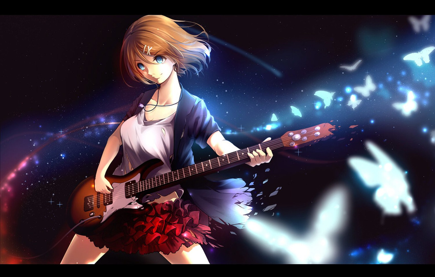 1girl black_border blonde_hair blue_eyes butterfly female frame guitar hair_ornament hairpin instrument jacket jewelry kagamine_rin lancefate necklace short_hair skirt smile solo vocaloid