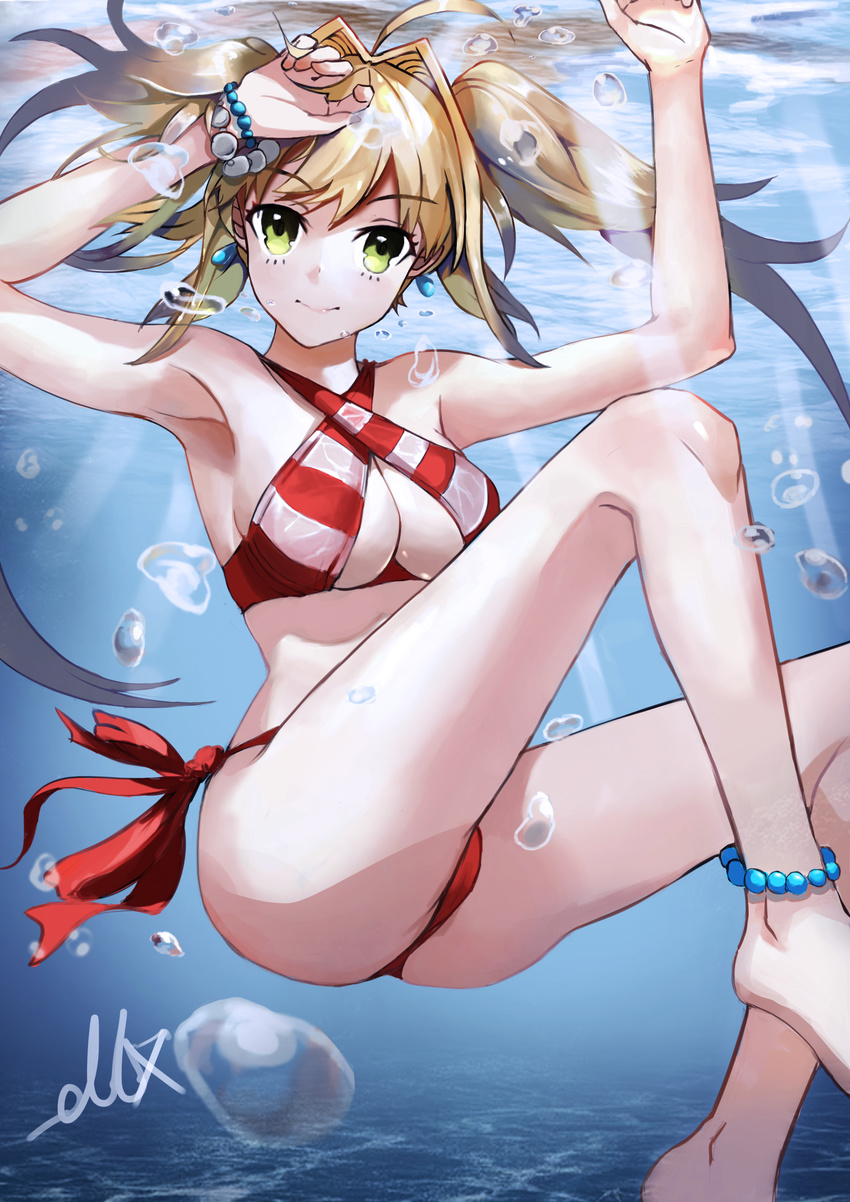 absurdres ahoge air_bubble armpits arms_up ass bare_legs barefoot bikini bracelet breasts bubble closed_mouth criss-cross_halter day dong_liuxi earrings eyebrows_visible_through_hair fate/grand_order fate_(series) feet_out_of_frame hair_intakes halterneck highres jewelry large_breasts light_rays long_hair looking_at_viewer nero_claudius_(fate)_(all) nero_claudius_(swimsuit_caster)_(fate) outdoors pearl_bracelet red_bikini red_ribbon ribbon side-tie_bikini signature smile solo striped striped_bikini submerged sunbeam sunlight swimsuit thighs twintails underboob underwater water_surface