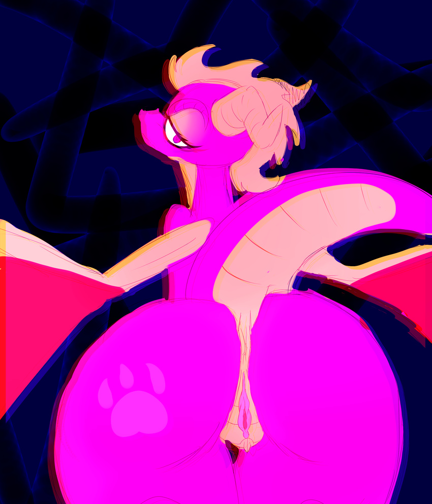 2016 abstract_background anthro anus big_butt butt clitoris crossgender dragon eyelashes female hair half-closed_eyes hi_res horn jaynatorburudragon looking_back membranous_wings presenting pussy raised_tail scalie solo spyro spyro_the_dragon video_games wings