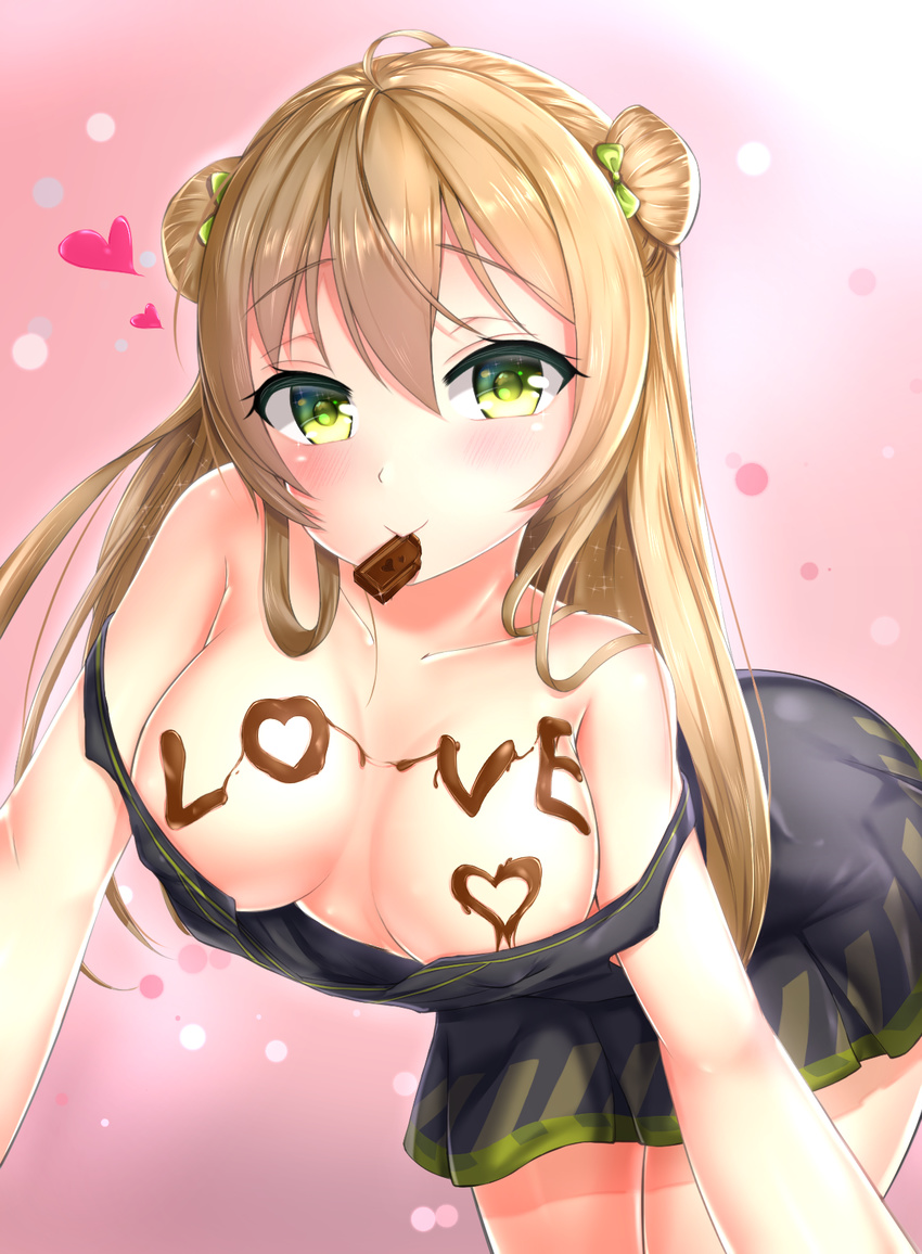 bangs black_dress blonde_hair blush body_writing bow breasts breasts_apart chocolate chocolate_on_breasts closed_mouth collarbone commentary_request covered_nipples double_bun dress english eyebrows_visible_through_hair food_on_body food_writing girls_frontline gmkj gradient gradient_background green_bow green_eyes hair_between_eyes hair_bow heart highres leaning_forward long_hair looking_at_viewer medium_breasts mouth_hold outstretched_arms rfb_(girls_frontline) solo strap_slip valentine