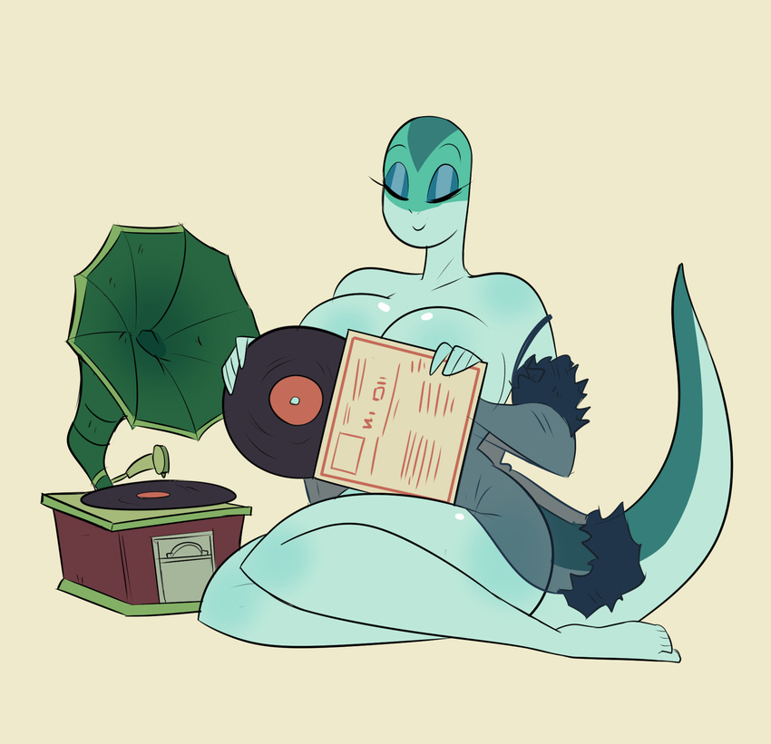 anthro breasts clothing convenient_censorship eyelashes eyes_closed female herny lingerie lizard non-mammal_breasts record record_player reptile rita_skopt scalie simple_background smile solo tex_avery wide_hips