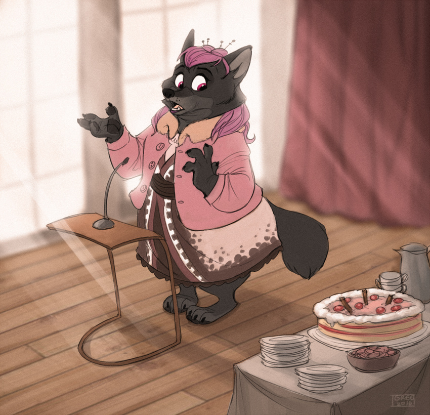 2016 anthro aurelina_canidae cake canine clothed clothing detailed_background disney female food fully_clothed greevixor hair hi_res mammal microphone obese overweight pink_eyes pink_hair solo wolf zootopia