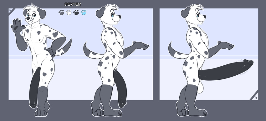 anthro balls canine dalmatian dog erection flaccid humanoid_penis hyper hyper_penis komponi looking_at_viewer male mammal model_sheet nipples nude penis smile solo wide_hips