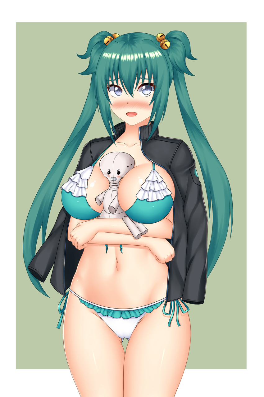 absurdres arm_across_waist ass_visible_through_thighs bell between_breasts bikini blue_eyes blush breasts cowboy_shot crossed_arms cui_yifei eyebrows_visible_through_hair fang frilled_bikini frills green_bikini_top green_hair hair_bell hair_ornament highres jacket_on_shoulders keshigomu large_breasts long_hair looking_at_viewer muvluv muvluv_alternative navel nose_blush open_mouth side-tie_bikini smile solo stomach swimsuit teeth thigh_gap twintails two-tone_bikini two_side_up very_long_hair white_bikini_bottom