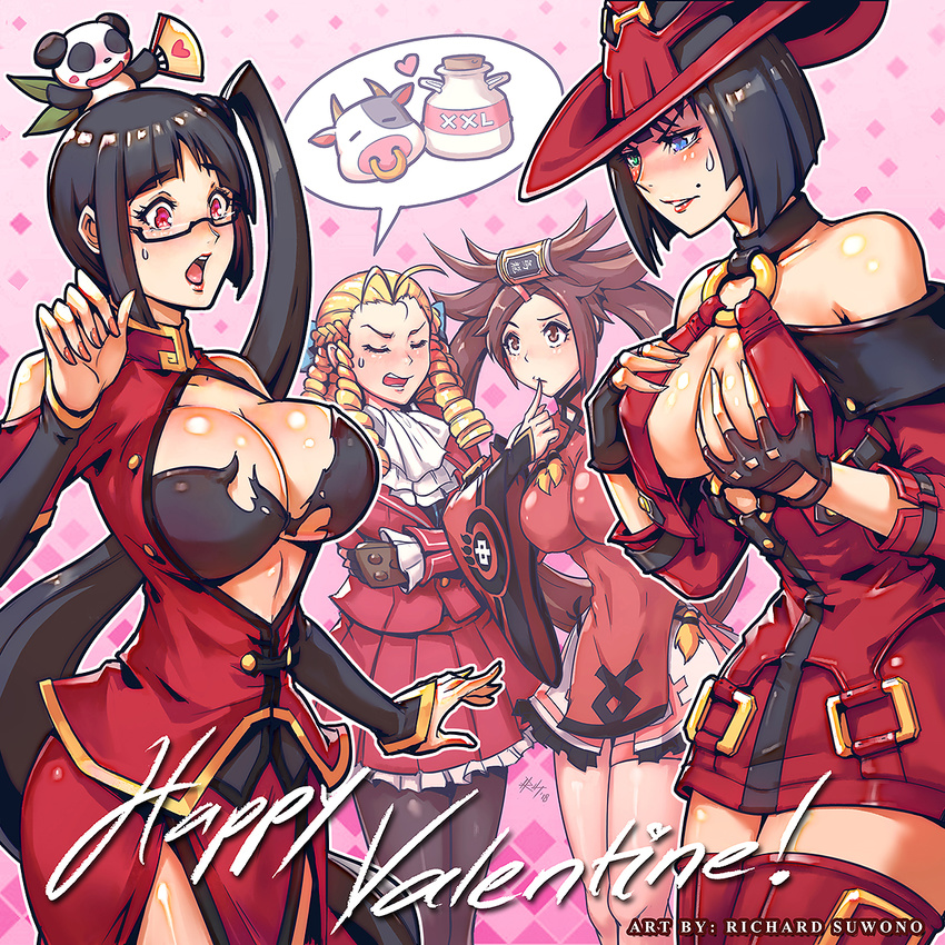black_hair blazblue blonde_hair bottle bra breast_envy breast_grab breasts brown_hair cleavage color_connection commentary company_connection cow crossed_arms dress fingerless_gloves glasses gloves grabbing guilty_gear guilty_gear_xrd hat heart heterochromia huge_breasts i-no kanzuki_karin kuradoberi_jam litchi_faye_ling milk_bottle multiple_girls panda pantyhose red_dress red_eyes red_hat richard_suwono self_fondle street_fighter street_fighter_v torn_bra torn_clothes underwear