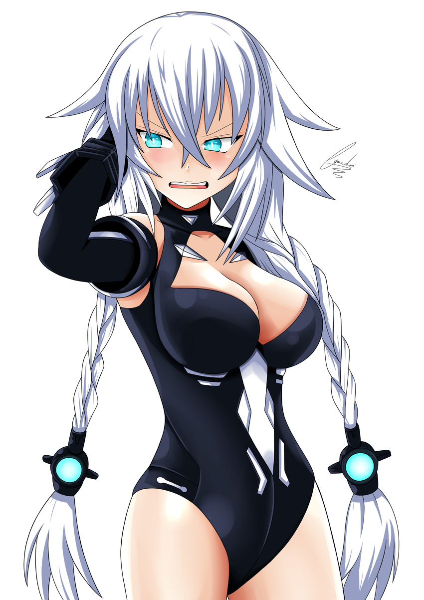 absurdres alternate_hairstyle aqua_eyes bad_id bad_pixiv_id bare_shoulders black_heart blush braid breasts cleavage cleavage_cutout commentary cundodeviant elbow_gloves gloves hair_ornament halterneck highres leotard long_hair medium_breasts neptune_(series) open_mouth power_symbol solo symbol-shaped_pupils turtleneck twin_braids very_long_hair white_hair