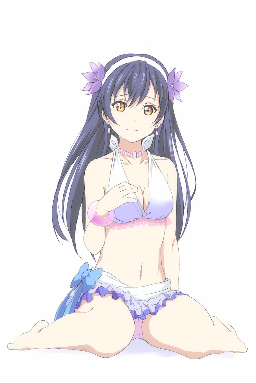 bangs bikini bikini_skirt blue_hair bracelet commentary_request earrings flower frilled_bikini frills hair_between_eyes hair_flower hair_ornament hand_on_own_chest hibiscus highres jewelry long_hair looking_at_viewer love_live! love_live!_school_idol_project natsuiro_egao_de_1_2_jump! necklace simple_background sitting solo sonoda_umi super-saiya-0173 swimsuit wariza yellow_eyes