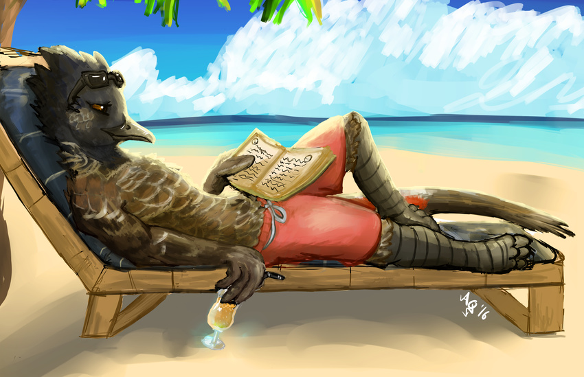 2016 absurd_res alcohol anthro aquaticas avian beach bendy_straw beverage bird book bulbul chair clothed clothing digital_media_(artwork) digital_painting_(artwork) hi_res holding_book holding_object lounge_chair lying male palm_tree seaside shorts signature solo straw swimming_trunks swimsuit topless tree tropical