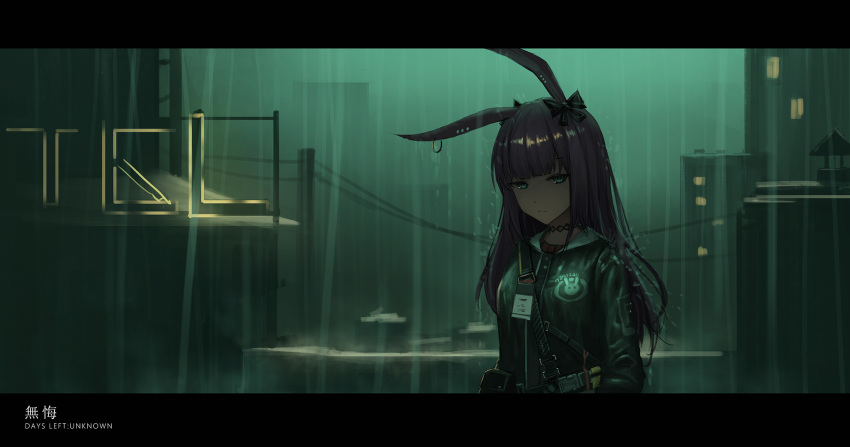 1girl animal_ears arknights belt bow bunny_ears character_request choker commentary_request ear_piercing green_eyes hair_bow highres jacket long_hair looking_at_viewer neon_lights night piercing purple_hair rain solo yurichtofen