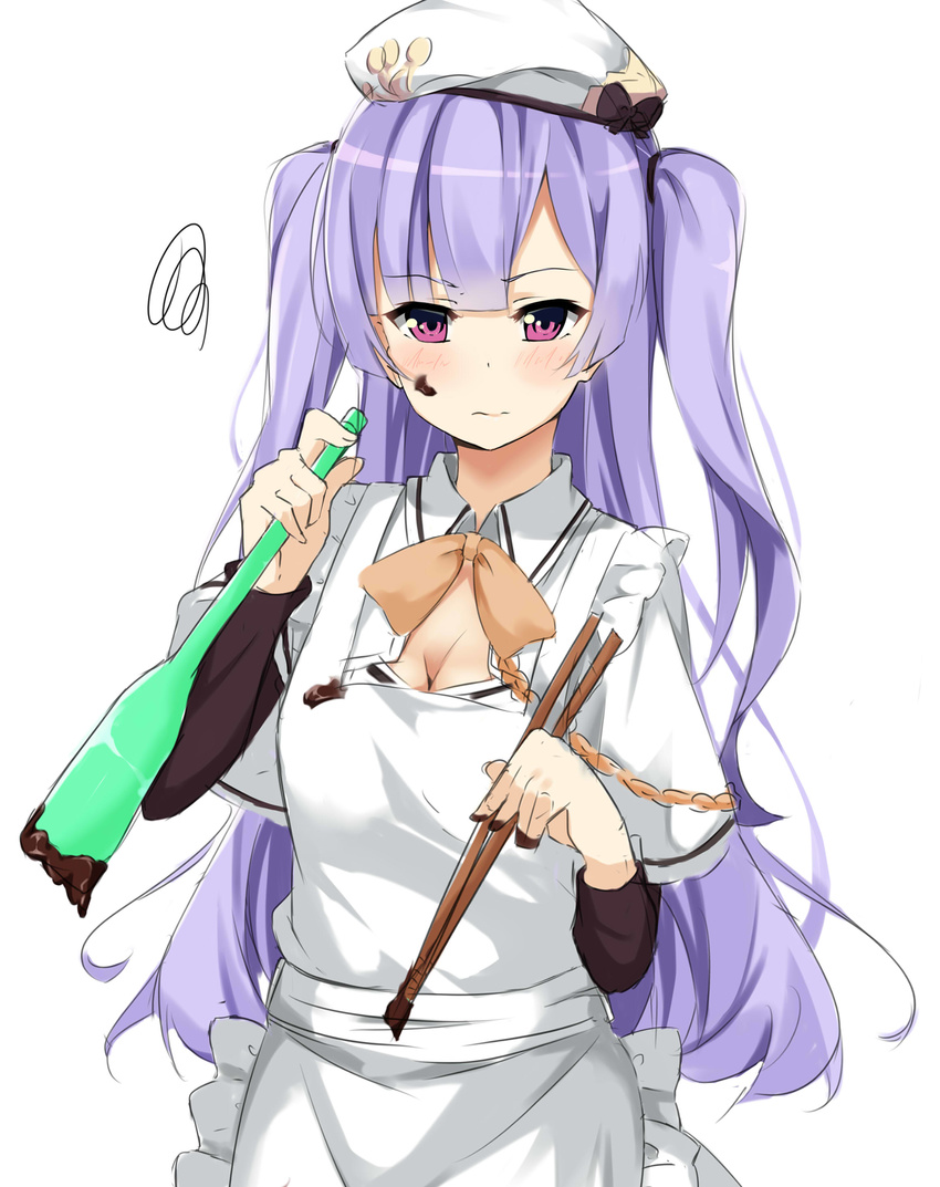absurdres ajax_(azur_lane) apron azur_lane bangs beret blush breasts chocolate chocolate_on_face chopsticks cleavage closed_mouth collared_shirt commentary_request eyebrows_visible_through_hair food food_on_face hat highres holding holding_chopsticks kohakope long_hair long_sleeves looking_at_viewer medium_breasts orange_neckwear purple_eyes purple_hair remodel_(azur_lane) shirt short_over_long_sleeves short_sleeves simple_background sketch solo spatula squiggle two_side_up very_long_hair white_apron white_background white_hat white_shirt