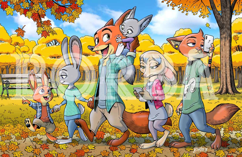 anthro bench borba buckteeth canine child clothing cub disney distracting_watermark father female fox group hybrid judy_hopps lagomorph leaves male mammal mother nick_wilde outside pants parent phone rabbit teeth tree walking watermark young zootopia