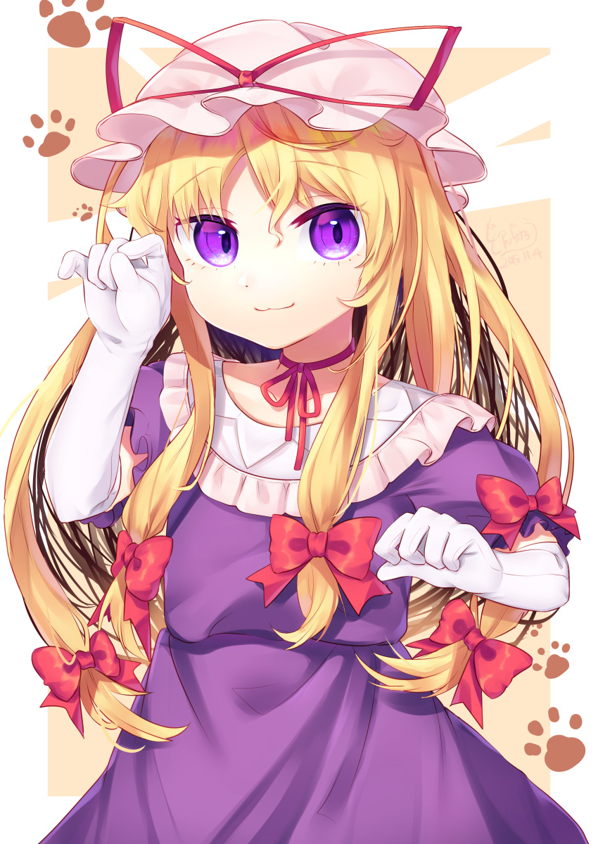 1girl :3 absurdres blonde_hair bow choker commentary_request dated dress elbow_gloves gloves gunjou_row hair_bow hat hat_ribbon highres light_brown_background long_hair mob_cap paw_background paw_pose puffy_short_sleeves puffy_sleeves purple_dress purple_eyes red_choker ribbon short_sleeves simple_background touhou two-tone_background white_background white_gloves yakumo_yukari