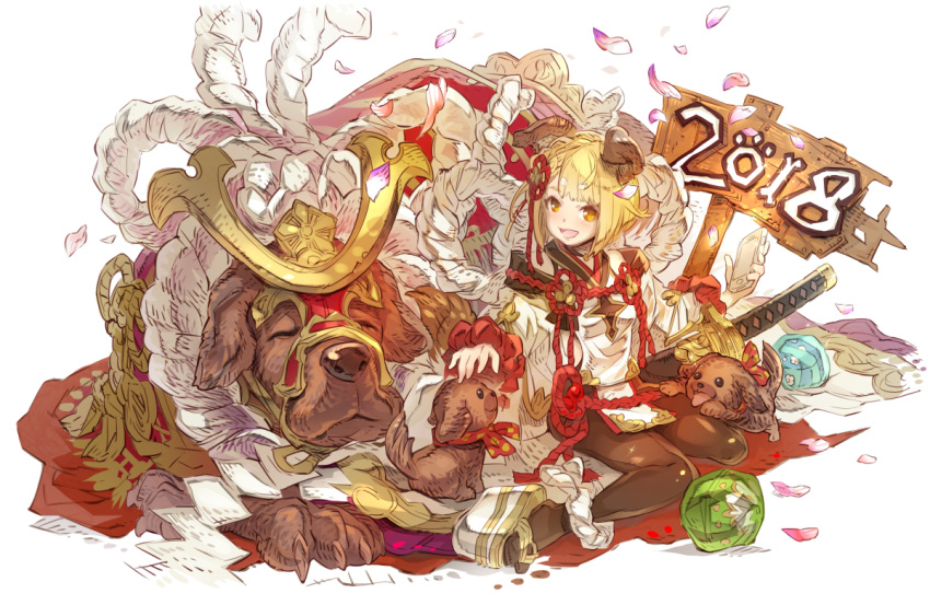 1girl 2018 animal animal_ears bangs blonde_hair braid cellphone chinese_zodiac dog dog_ears erune eyes_closed garjana granblue_fantasy haku_(sabosoda) holding holding_phone katana looking_at_viewer off_shoulder open_mouth oversized_animal pantyhose petals phone puppy rope shimenawa short_hair sitting smartphone smile sword vajra_(granblue_fantasy) weapon year_of_the_dog yellow_eyes