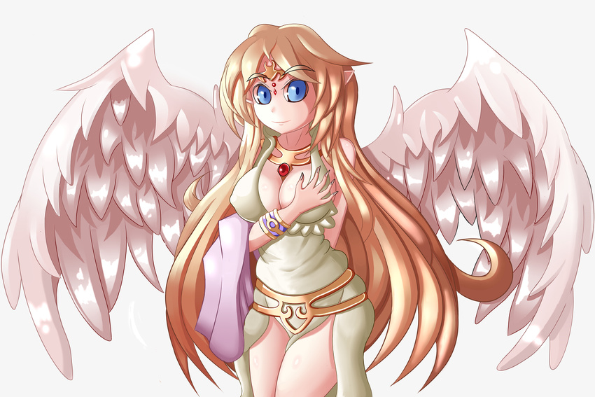 1girl angel_wings blonde_hair blue_eyes breasts cleavage ecstasy feathers goddess hand_on_own_chest ilias jewelry large_breasts long_hair looking_at_viewer lots_of_jewelry mon-musu_quest! simple_background smile solo tiara wings