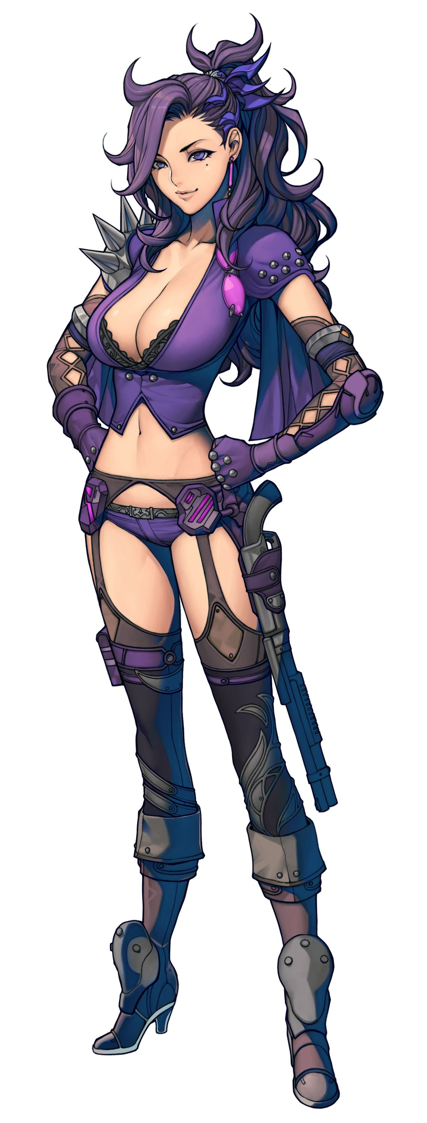 absurdres armor bangs boots breasts cleavage collarbone earrings elbow_gloves full_body glasses gloves gun hands_on_hips high_heel_boots high_heels highres holster jewelry knee_boots large_breasts lips long_hair maria_(metal_max_xeno) metal_max metal_max_xeno midriff mole mole_under_eye navel oda_non official_art ponytail purple_eyes purple_hair short_shorts shorts shotgun shoulder_pads shoulder_spikes simple_background solo spikes standing thighhighs weapon white_background