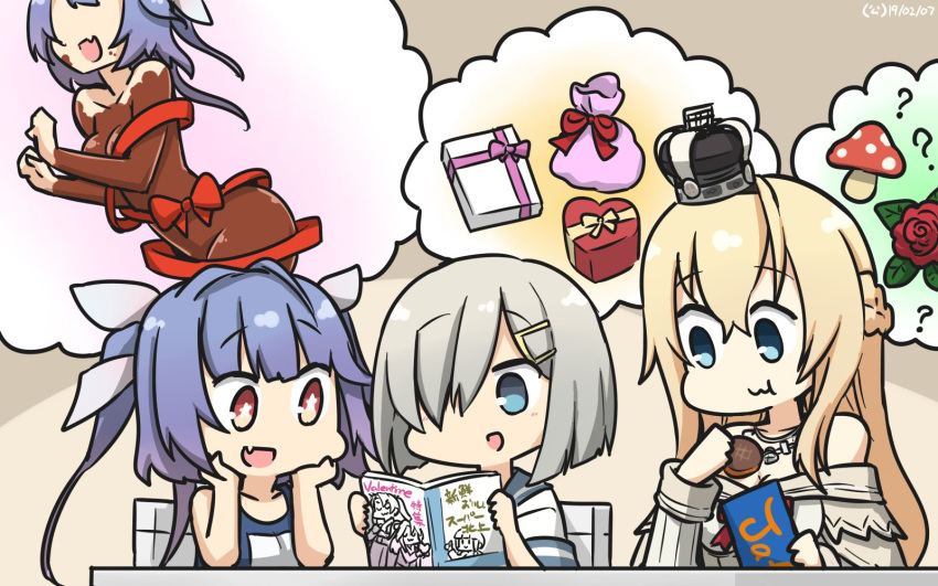 3girls bag blonde_hair blue_eyes blue_hair book braid chocolate_on_body commentary_request crown dated dress fang flower french_braid hair_ornament hair_over_one_eye hair_ribbon hairclip hamakaze_(kantai_collection) hamu_koutarou highres i-19_(kantai_collection) jewelry kantai_collection long_hair long_sleeves mini_crown multiple_girls name_tag necklace off-shoulder_dress off_shoulder reading red_eyes red_flower red_ribbon red_rose ribbon rose satchel school_swimsuit school_uniform serafuku short_hair silver_hair star star-shaped_pupils swimsuit symbol-shaped_pupils tri_tails upper_body warspite_(kantai_collection) white_dress