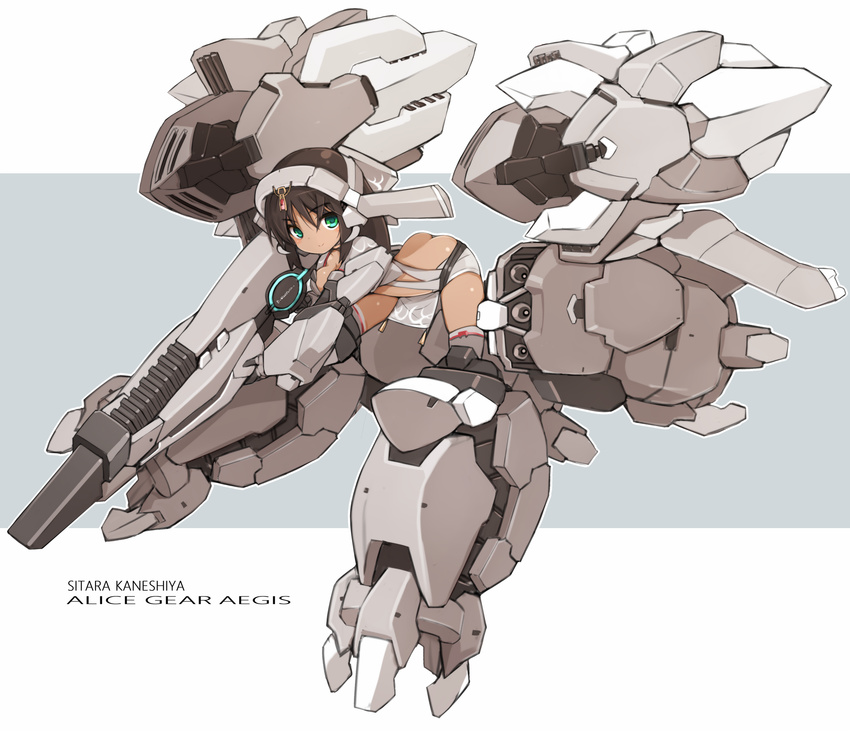 alice_gear_aegis aqua_eyes bangs breasts brown_hair butt_crack character_name commentary_request copyright_name dark_skin eyebrows_visible_through_hair full_body grey_background gun highres holding holding_weapon kaneshiya_sitara karukan_(monjya) leaning_forward looking_at_viewer mecha_musume medium_breasts solo thighhighs two-tone_background weapon white_background