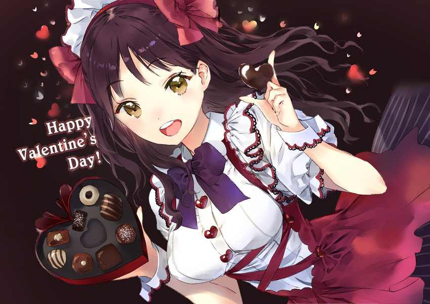 :d bangs blush bow bowtie box breasts brown_background brown_eyes brown_hair chocolate chocolate_heart commentary_request eyebrows_visible_through_hair hair_bow heart heart-shaped_box highres holding long_hair macciatto_(aciel02) maid maid_headdress medium_breasts open_mouth original puffy_short_sleeves puffy_sleeves purple_neckwear red_bow red_skirt shirt short_sleeves skirt smile solo upper_teeth valentine white_shirt wrist_cuffs