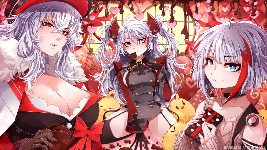 3girls absurdres admiral_graf_spee_(azur_lane) ahoge azur_lane bangs blue_eyes box_of_chocolates breasts chocolate chocolate_heart cleavage commentary english_commentary eyebrows_visible_through_hair food_in_mouth garter_straps gloves graf_zeppelin_(azur_lane) hair_between_eyes heart heart_pillow highres holding_chocolate invidiata iron_cross jacket_on_shoulders large_breasts long_hair looking_at_viewer multicolored_hair multiple_girls pillow prinz_eugen_(azur_lane) red_eyes red_ribbon ribbon short_hair sideboob sitting smile standing streaked_hair sweater thighhighs two_side_up valentine wariza white_hair yellow_eyes