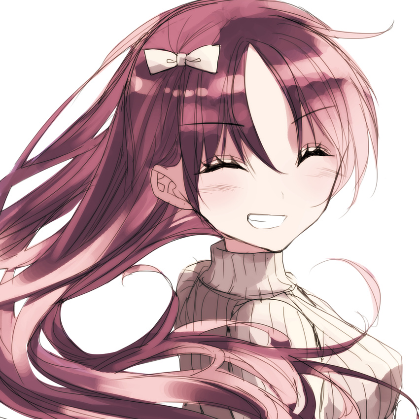 absurdres bad_id bad_pixiv_id blush blush_stickers bow brown_sweater closed_eyes commentary drill_hair eyebrows_visible_through_hair from_side grin hair_between_eyes hair_bow highres long_hair mahou_shoujo_madoka_magica misteor open_mouth red_hair sakura_kyouko smile solo sweater teeth upper_body white_background white_bow