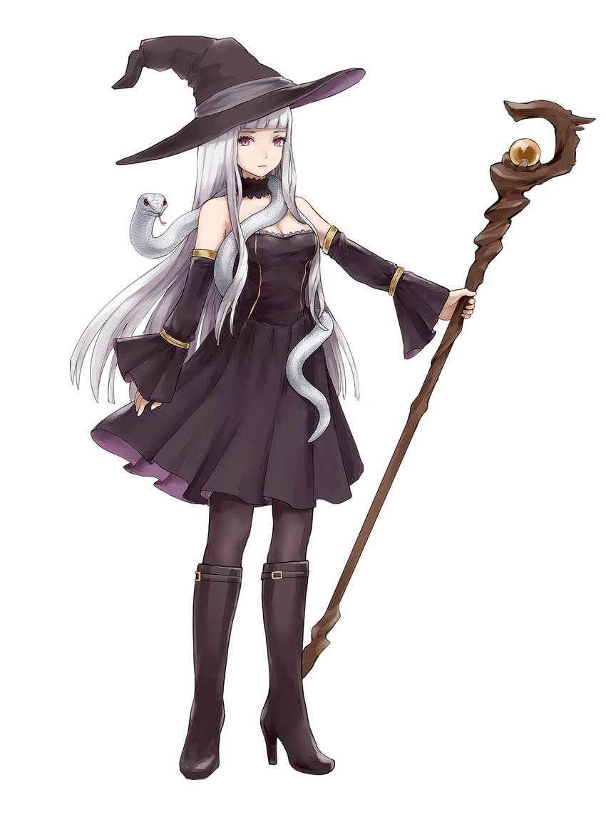 boots choker detached_sleeves dress full_body hat highres holding holding_staff kumama long_hair original pantyhose purple_eyes snake solo staff strapless strapless_dress very_long_hair white_background white_hair white_snake wide_sleeves witch witch_hat