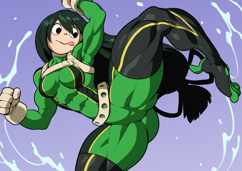 1girl :p abs ass asui_tsuyu belt bodysuit boku_no_hero_academia breasts closed_mouth curvy eyebrows_visible_through_hair female gloves green_hair impossible_clothes jumping long_hair looking_to_the_side medium_breasts muscle muscular_female pokkuti solo spread_legs tied_hair tongue tongue_out white_gloves