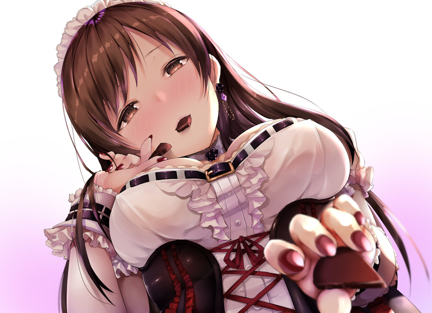absurdres alternate_costume apron bangs banned_artist blurry blush breasts brown_eyes brown_hair buttons center_frills chocolate corset covered_nipples cross-laced_clothes depth_of_field detached_collar dress earrings enmaided eyebrows_visible_through_hair fantia_reward fay_(fay_axl) fingernails food foreshortening frilled_sleeves frills from_below gradient gradient_background half-closed_eyes hand_on_own_face hand_up head_tilt highres holding holding_chocolate idolmaster idolmaster_cinderella_girls incoming_food jewelry large_breasts long_fingernails long_hair looking_at_viewer looking_down maid maid_apron maid_headdress mouth_hold nail_polish nitta_minami outstretched_arm outstretched_hand paid_reward puffy_short_sleeves puffy_sleeves reaching reaching_out red_nails red_ribbon ribbon short_sleeves smile solo valentine wrist_cuffs