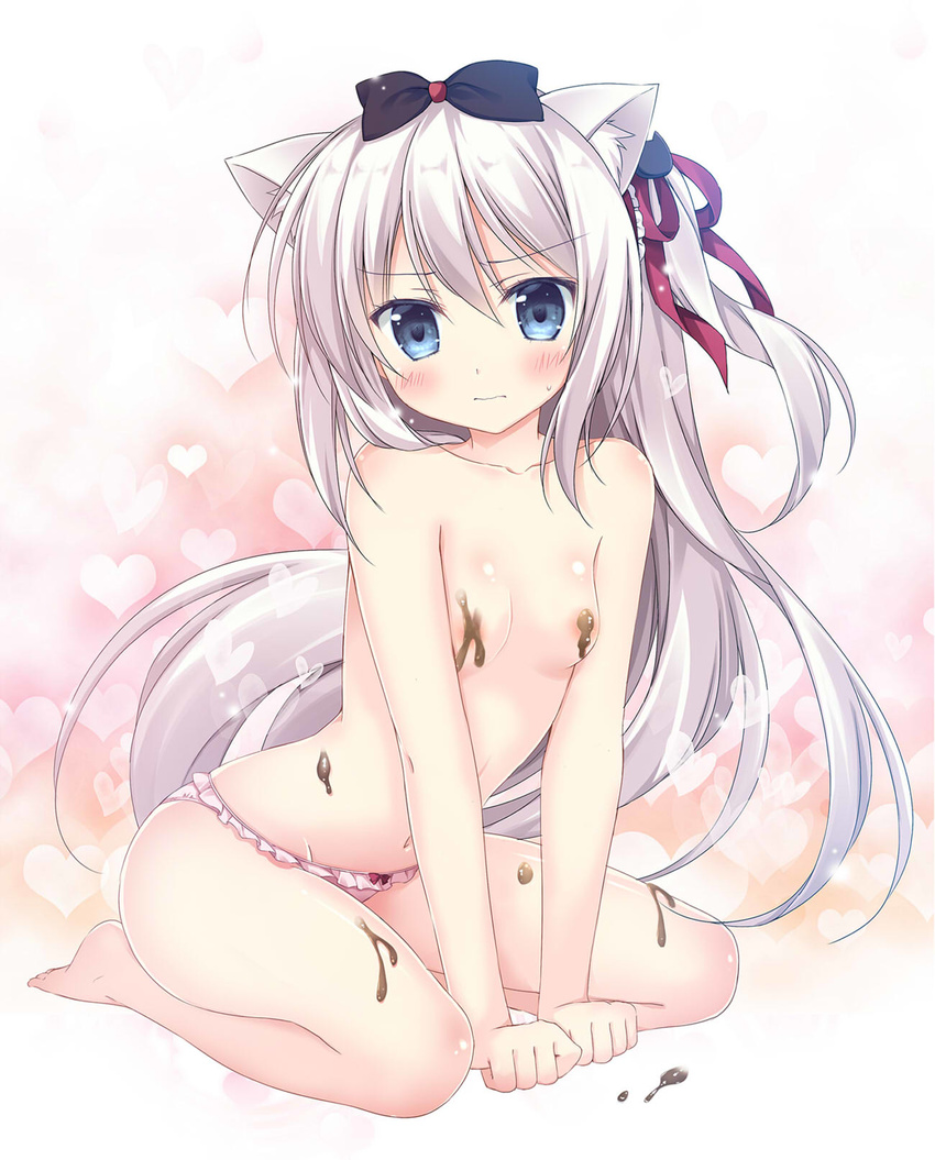 3: animal_ears areolae azur_lane bad_id bad_pixiv_id bangs bare_legs barefoot bent_over blue_eyes blush bow bow_panties breasts cat_ears chocolate chocolate_on_breasts collarbone commentary_request covered_nipples eyebrows_visible_through_hair frilled_panties frills hair_between_eyes hair_bow hair_ribbon hammann_(azur_lane) highres korie_riko long_hair looking_at_viewer navel panties pink_panties ribbon silver_hair simple_background sitting small_breasts solo sweat topless underwear underwear_only valentine very_long_hair wariza white_background