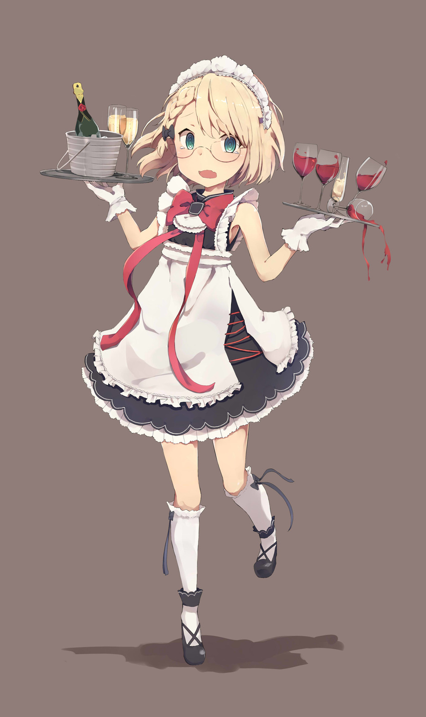 @_@ absurdres ahokoo alcohol apron aqua_eyes balancing bangs black_footwear blonde_hair bottle bow bow_legwear bowtie braid bucket champagne champagne_bottle champagne_flute commentary_request cup dress drinking_glass french_braid full_body g36_(girls_frontline) girls_frontline glasses gloves grey_background hair_bow highres holding holding_tray kneehighs looking_at_viewer maid maid_headdress md5_mismatch open_mouth shoes short_hair simple_background sleeveless sleeveless_dress solo spilling standing standing_on_one_leg tearing_up tears tray white_gloves white_legwear wine wine_glass younger