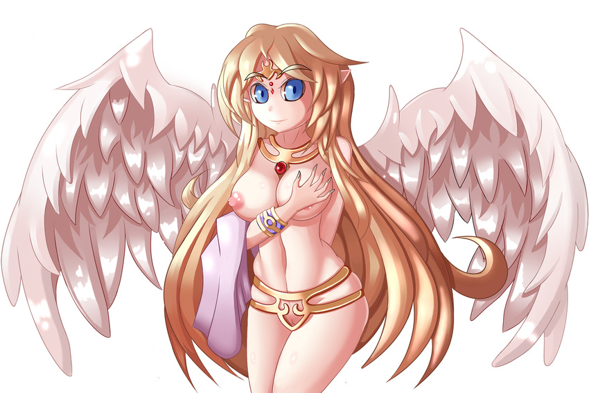 1girl angel_wings blonde_hair blue_eyes breasts cleavage ecstasy feathers goddess hand_on_own_chest ilias jewelry large_breasts long_hair looking_at_viewer lots_of_jewelry mon-musu_quest! nipples nude pussy simple_background smile solo tiara wings