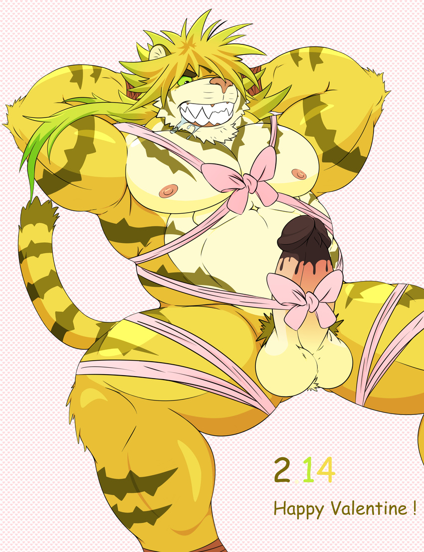 balls candy chocolate covered_eye drooling feline food food_play gift green_eyes grin holidays magan male mammal muscular muscular_male nipples pecs penis ponytail pubes ribbons saliva smile tiger tokyo_afterschool_summoners valentine's_day 辛クリーム