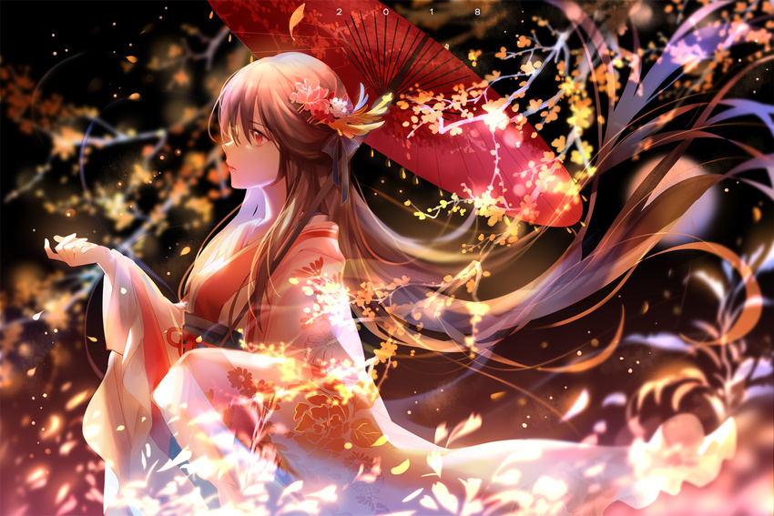 black_hair chinese_clothes commentary_request floral_print flower from_side hair_flower hair_ornament hanfu holding holding_umbrella long_hair long_sleeves oriental_umbrella outstretched_hand petals profile red_eyes sash sleeves_past_fingers sleeves_past_wrists solo umbrella vocaloid vocanese wide_sleeves yu_jiu yuezheng_ling