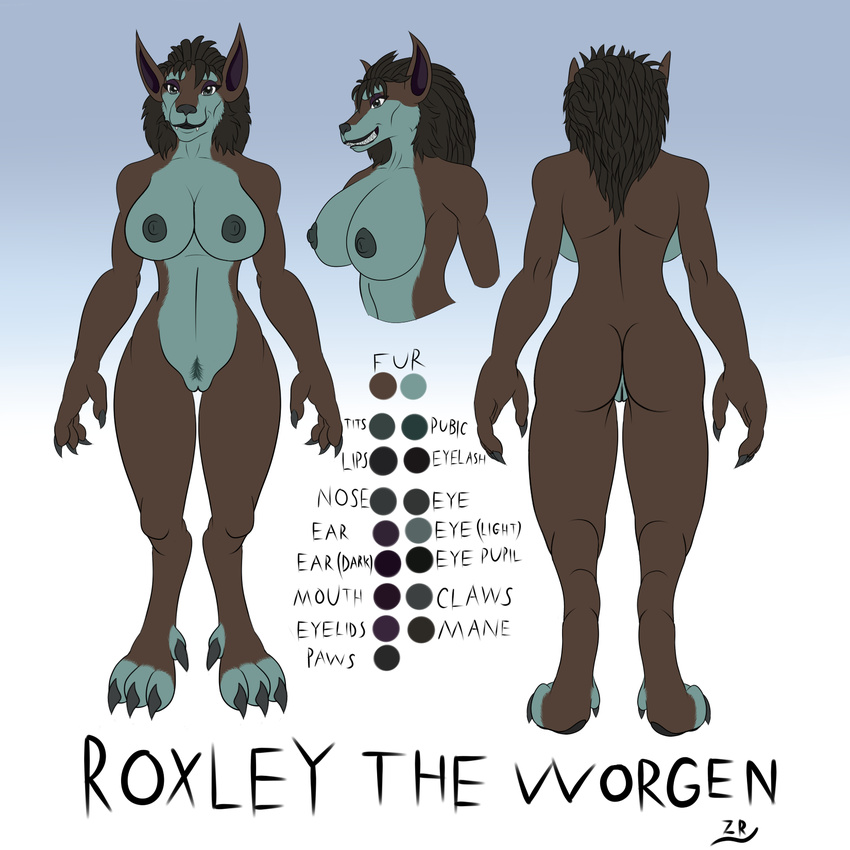anthro breasts brown_fur canine claws female fur furryrex_(artist) general: hair long_hair mammal mane mature_female model_sheet nipples nude paws pubes refrence roxley standing video_games voluptuous warcraft were werewolf worgen