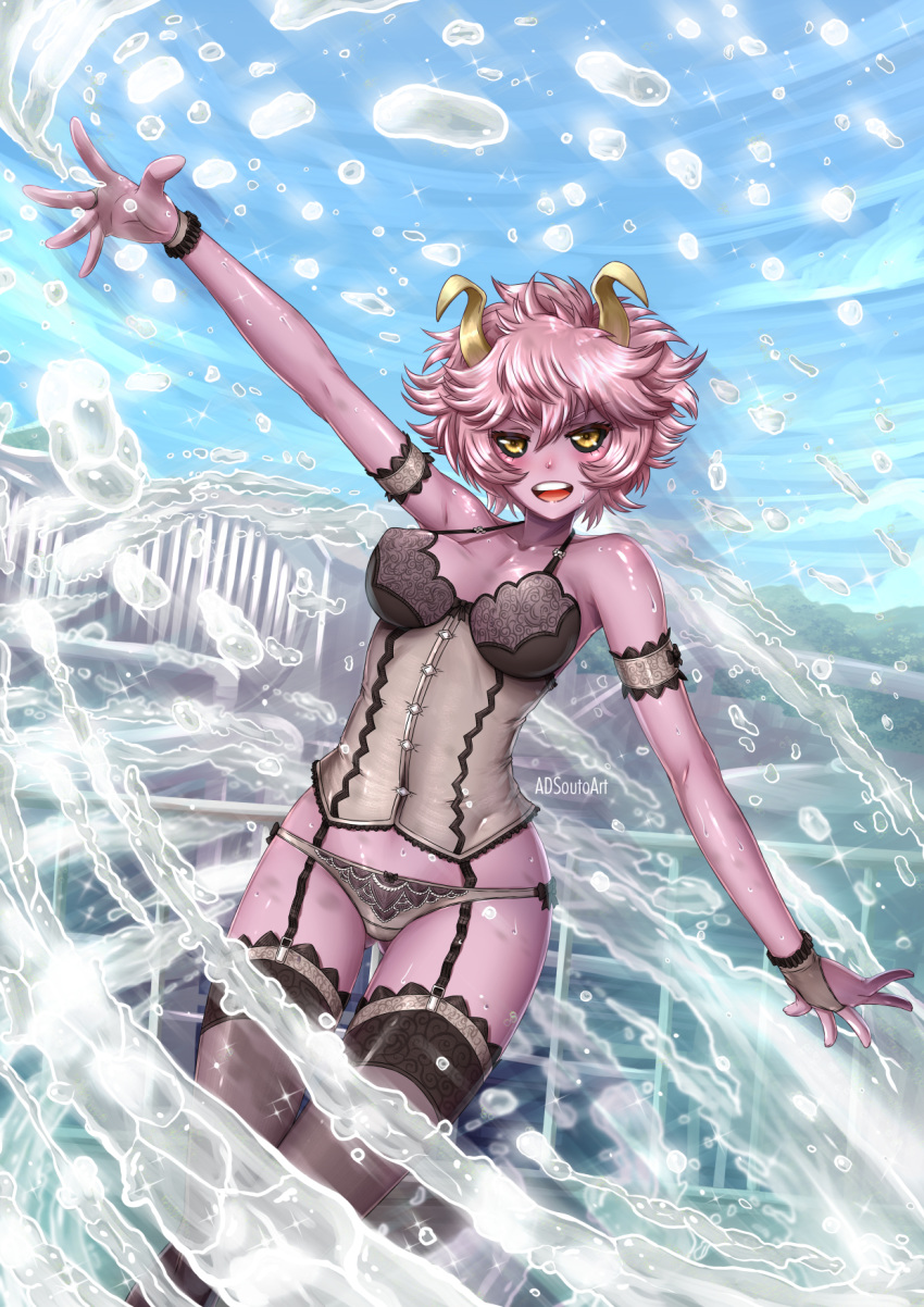 adsouto arm_garter arm_up artist_name ashido_mina bangs bare_shoulders black_sclera boku_no_hero_academia bow bow_panties breasts collarbone corset cowboy_shot day eyebrows_visible_through_hair garter_straps gluteal_fold hair_between_eyes halterneck highres hips horns lingerie looking_at_viewer medium_breasts medium_hair open_mouth outdoors outstretched_arms panties purple_hair purple_skin shiny shiny_skin smile solo splashing spread_arms spread_fingers thighhighs underwear underwear_only upper_teeth v-shaped_eyebrows water watermark wet yellow_eyes