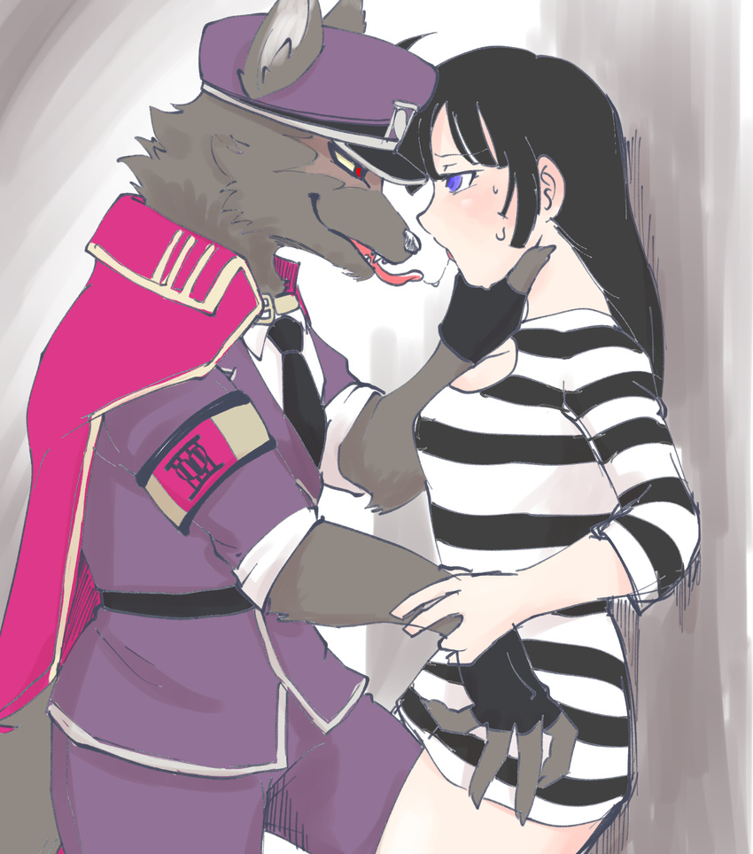 anthro blush breasts canine dog duo female female_on_anthro hat human human_on_anthro interspecies kemono male male/female mammal manzanaringopai open_mouth prison_warden prisoner_uniform saliva saliva_string smile tadatomo tokyo_afterschool_summoners tongue tongue_out