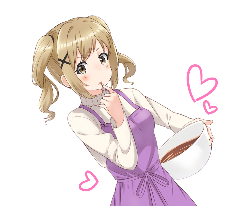 apron bad_id bad_pixiv_id bang_dream! bangs blush bowl brown_eyes chocolate commentary_request dutch_angle eyebrows_visible_through_hair hair_ornament heart holding holding_bowl ichigaya_arisa light_brown_hair long_hair long_sleeves looking_at_viewer mixing_bowl purple_apron shirt sidelocks simple_background solo tongue tongue_out tsukiman twintails white_background white_shirt x_hair_ornament