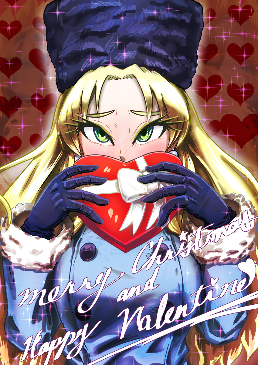 2018 blonde_hair blush box breasts buttons christmas coat commentary_request eyebrows_visible_through_hair eyelashes fur_hat fur_trim gift gloves green_eyes hat heart heart-shaped_box heart_background highres holding holding_gift incoming_gift kalinka_cossack long_eyelashes long_hair looking_at_viewer medium_breasts merry_christmas patterned patterned_background ribbon rockman rockman_(classic) rockman_xover saikoraru solo sparkle sparkle_background text_focus ushanka valentine