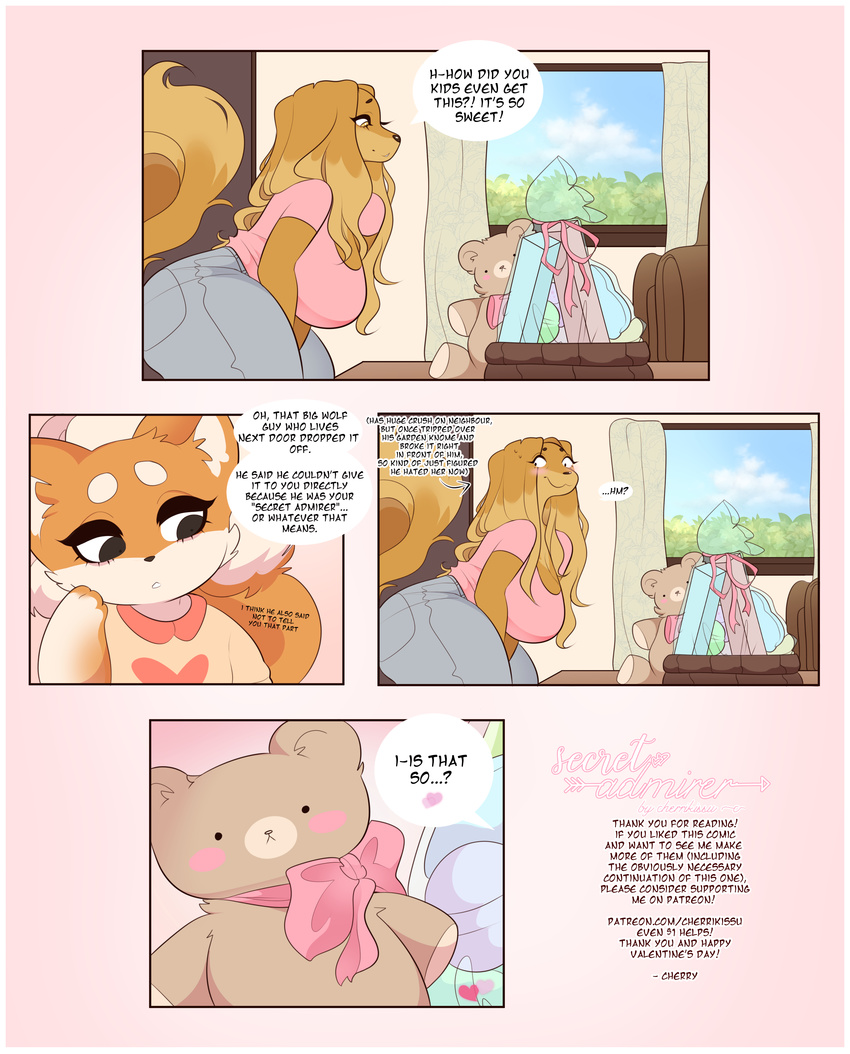 2018 absurd_res anthro big_breasts breasts calendar canine cherrikissu clothed clothing comic daughter dialogue dog dogmom duo english_text female gift hair hi_res inside long_hair mammal mother mother_and_daughter parent plushie saluki shiba_inu stacy_(cherrikissu) teddy_bear text thick_thighs