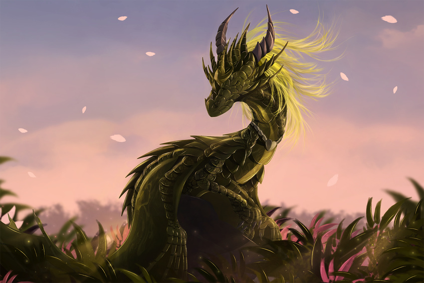 2018 blonde_hair day detailed_background digital_media_(artwork) dragon feral green_scales hair outside scales scalie sitting sky solo spines telleryspyro western_dragon