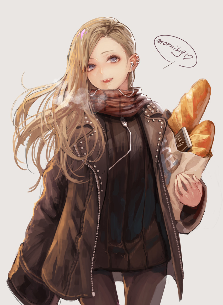:d bag baguette bangs black_dress black_jacket black_legwear blonde_hair blue_eyes bread breath brown_scarf chocolate commentary_request cowboy_shot dress earbuds earphones english eyebrows_visible_through_hair food grey_background grocery_bag heart highres holding holding_bag jacket long_hair long_sleeves open_clothes open_jacket open_mouth original pantyhose plaid plaid_scarf scarf shopping_bag short_dress simple_background smile solo tamarashi upper_teeth wide_sleeves