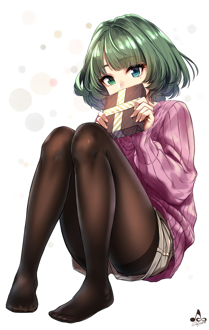 aqua_eyes bangs blunt_bangs box brown_legwear brown_shorts covered_mouth eyebrows_visible_through_hair eyelashes feet fingernails full_body gift gift_box green_eyes hands_up heterochromia highres holding holding_gift idolmaster idolmaster_cinderella_girls infinote knees_together_feet_apart knees_up legs long_fingernails long_sleeves looking_at_viewer mole mole_under_eye nail_polish no_shoes panties panties_under_pantyhose pantyhose pink_nails purple_sweater ribbed_sweater short_hair short_shorts shorts signature sitting solo sweater takagaki_kaede thighband_pantyhose underwear valentine