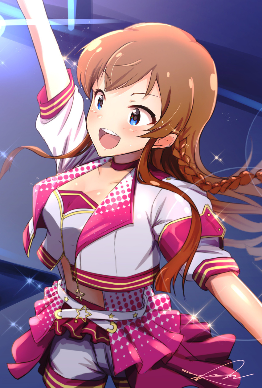 absurdres aqua_eyes arm_up blue_eyes blush braid breasts brown_hair commentary_request highres idolmaster idolmaster_million_live! idolmaster_million_live!_theater_days kousaka_umi long_hair medium_breasts open_mouth outstretched_arm smile solo star twin_braids wattsu