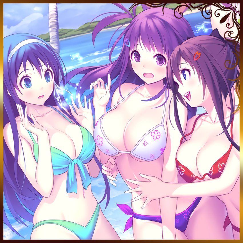 3girls bikini blue_hair blush breasts cleavage couple hair_ornament hairclip headband hug incest kagurazaka_ranka kagurazaka_rinka large_breasts looking_at_another mana_kakkowarai multiple_girls official_art open_mouth purple_hair sisters surprised tsukikage_koharu valkyrie_drive valkyrie_drive_-bhikkhuni- yuri