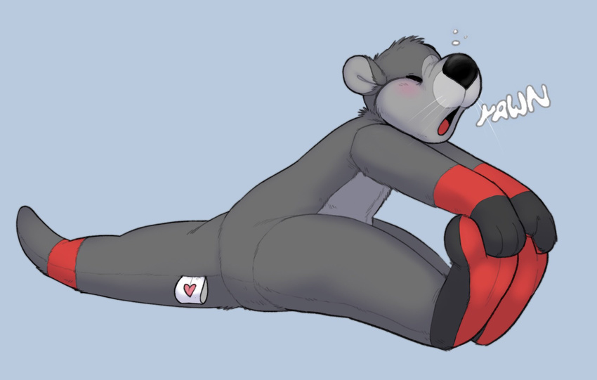 &lt;3 2018 animate_inanimate anthro black_nose blue_background blush cubi digital_drawing_(artwork) digital_media_(artwork) english_text eyes_closed hi_res jazzotter living_plush male mammal mustelid nude open_mouth otter plushie simple_background solo stretching text tired yawn