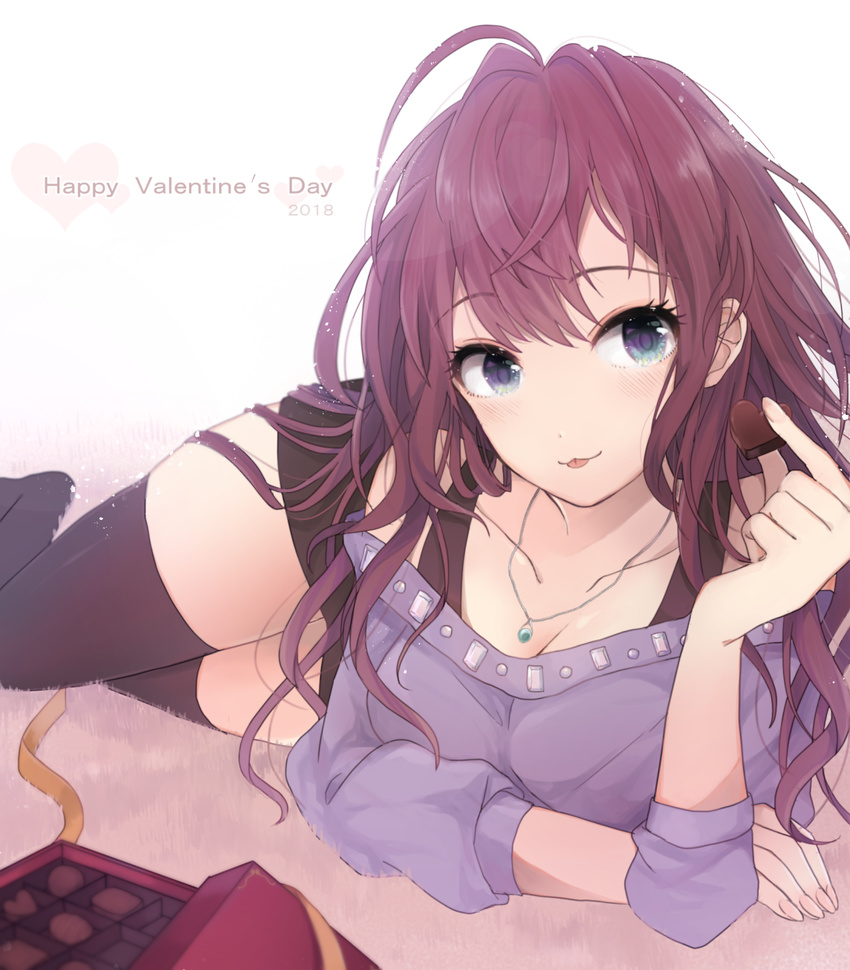 :3 ahoge bangs black_legwear black_skirt blue_eyes blush box box_of_chocolates breasts brown_hair chocolate chocolate_heart cleavage collarbone commentary_request eyebrows_visible_through_hair gift gift_box happy_valentine heart highres holding_chocolate ichinose_shiki idolmaster idolmaster_cinderella_girls jewelry long_hair looking_at_viewer lying medium_breasts necklace off-shoulder_shirt off_shoulder on_side purple_shirt ribbon shirt skirt smile solo supu_(rerumiko) thighhighs thighs tongue tongue_out valentine wavy_hair white_background